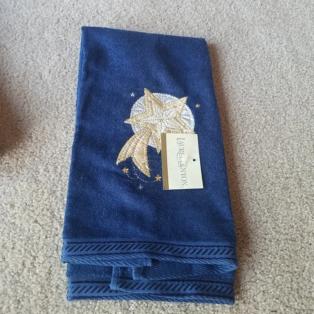 Laurel Canyon Bathworks Celestial Navy Blue Sun Moon Stars 3-pc Towel Set NWT